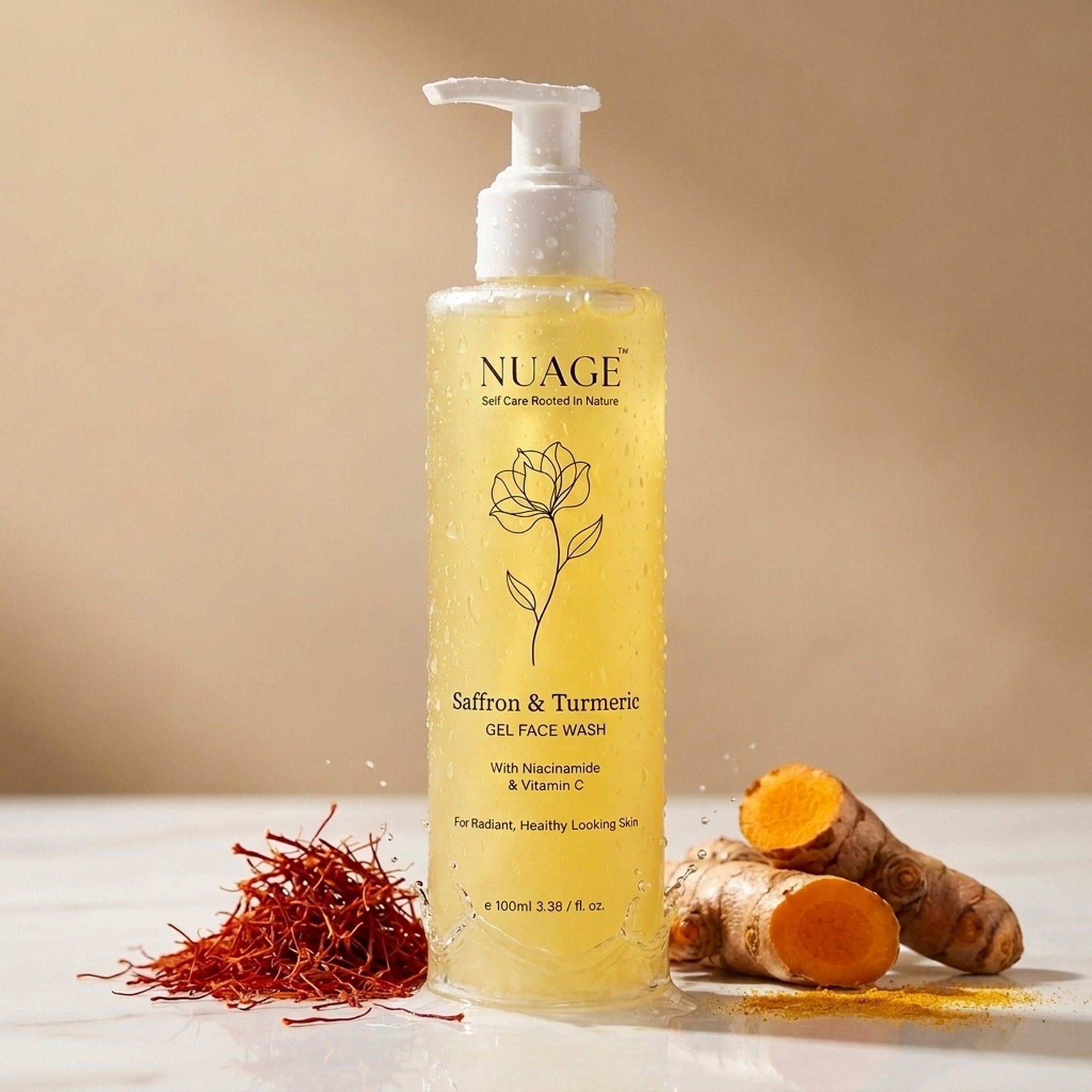 Saffron & Turmeric Gel Face Wash, styled with saffron and turmeric root
